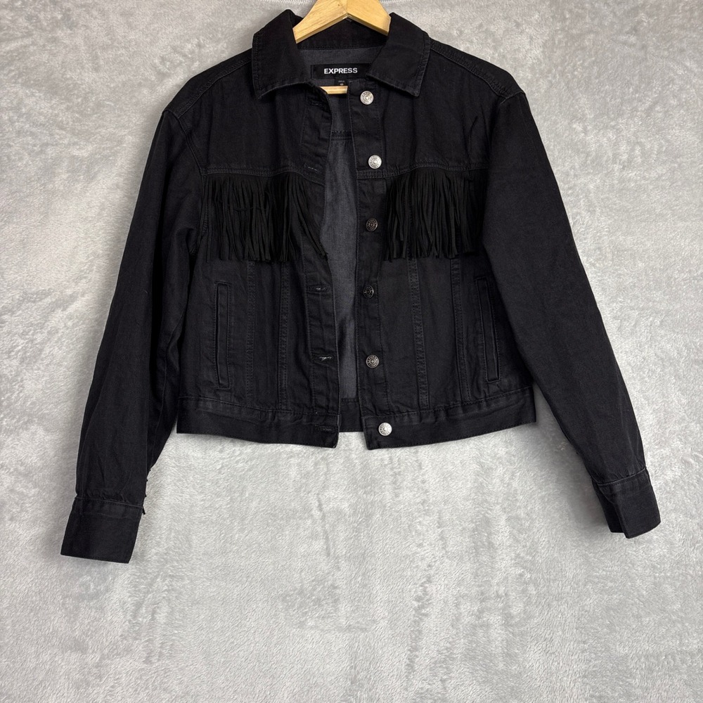 EXPRESS Black Denim Jacket Fringed Western Style Womens XS Cowgirl Festival Y2K